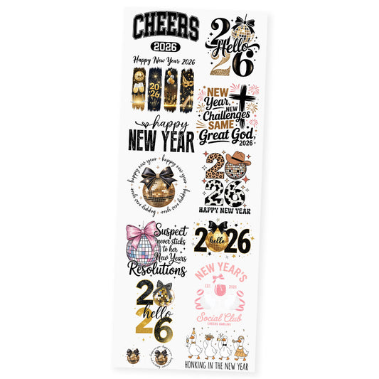 Midnight Sparkle Bash premade DTF transfer gangsheet featuring 2026 New Year designs including Cheers 2026, Hello 26, Happy New Year, New Year New Challenges Same Great God, disco ball with bow, animal print 2026, Suspect Resolutions, Hello 2026 leopard, New Year's Social Club and Honking in the New Year geese