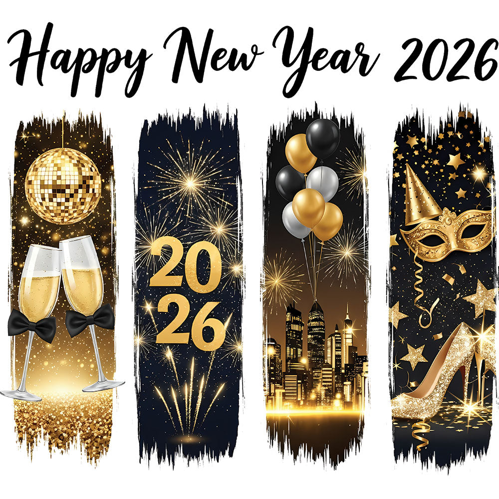 New Year Quartet DTF transfer design featuring Happy New Year 2026 above four navy and gold panels showing champagne flutes, 2026, balloons, and high heels