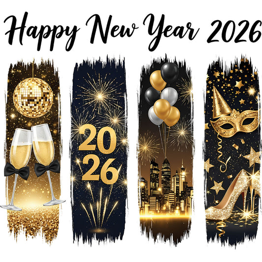 New Year Quartet DTF transfer design featuring Happy New Year 2026 above four navy and gold panels showing champagne flutes, 2026, balloons, and high heels