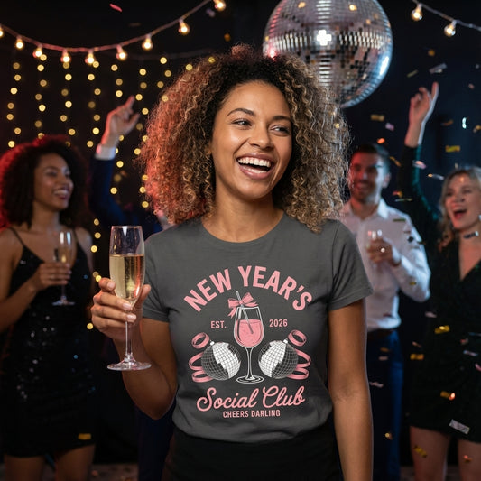 New Year's Social Club 2026 DTF transfer design mockup on a charcoal gray t-shirt featuring a pink martini glass between two disco balls with Cheers Darling tagline
