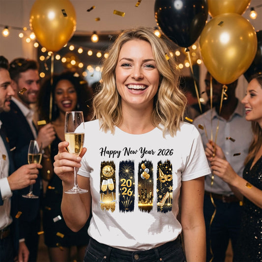 Happy New Year 2026 Quartet DTF transfer design mockup on a white t-shirt featuring four navy and gold panels with champagne, 2026, balloons and high heels