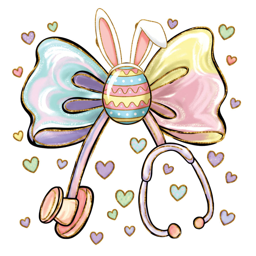 Nurse Easter Coquette Bow DTF transfer design featuring a pastel teal pink and yellow bow with a decorated Easter egg and bunny ears, pink stethoscope and floating hearts