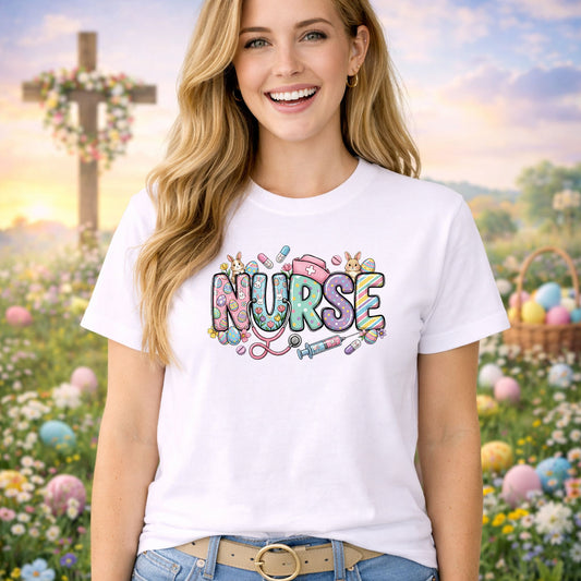 Nurse Easter Design DTF transfer design mockup on a t-shirt featuring pastel patterned NURSE letters with Easter bunnies, eggs and nurse-themed accents