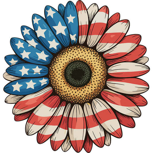Patriotic Sunflower DTF transfer design featuring a stylized sunflower with red white and blue flag-striped petals and stars