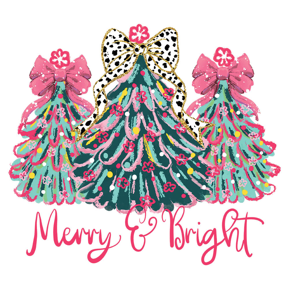 Pink Merry and Bright Trees DTF transfer design featuring three pink and teal Christmas trees with pink and dalmatian print bows under Merry and Bright pink script