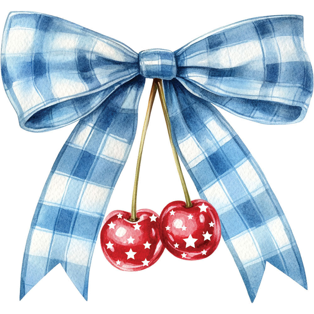 Plaid Bow Cherry DTF transfer design featuring a blue and white plaid watercolor bow holding red cherries with white star patterns
