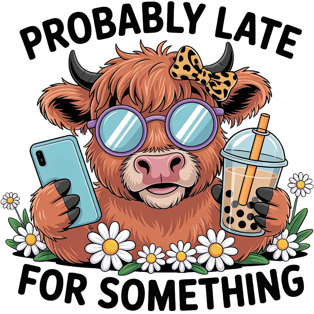 Probably Late For Something Highland Cow DTF transfer design featuring a brown highland cow with purple sunglasses and leopard bow holding a phone and boba tea with Probably Late For Something text