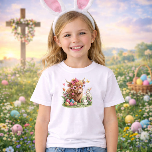 Retro Easter Highland Cow DTF transfer design mockup on a t-shirt featuring a fluffy highland cow with pink heart sunglasses, bow and Easter eggs with bunny and butterflies