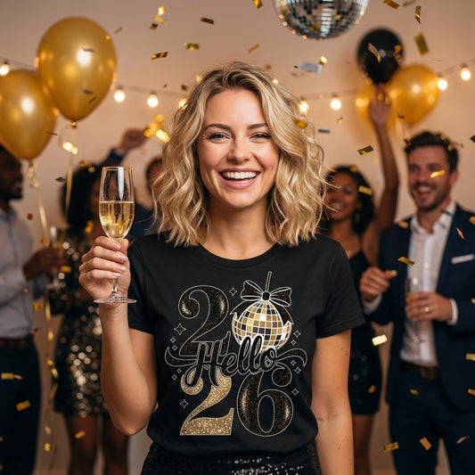 Retro Hello 2026 DTF transfer design mockup on a black t-shirt featuring gold glitter typography with a disco ball replacing the zero