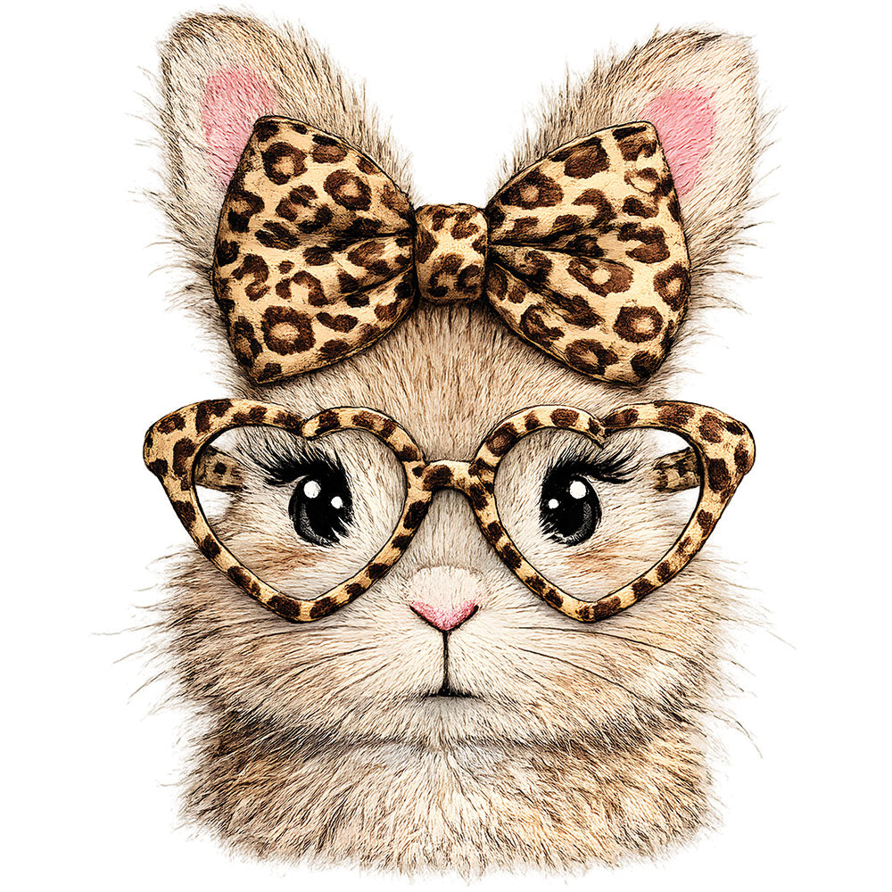 Retro Leopard Bunny DTF transfer design featuring a fawn bunny portrait with a leopard print bow and matching leopard heart-shaped glasses