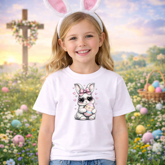 Retro Preppy Cute Bunny DTF transfer design mockup on a t-shirt featuring a colorful preppy bow ornament with hearts in pastel pinks blues and yellows