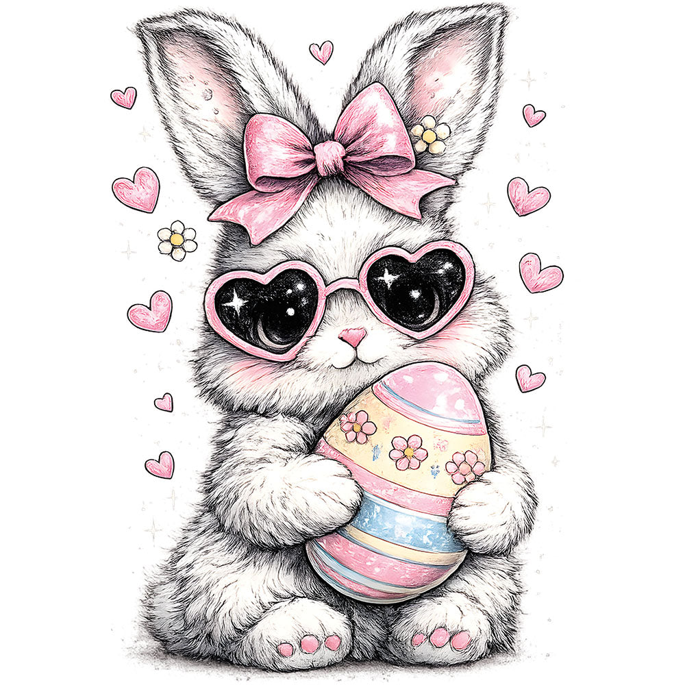 Retro Preppy Cute Bunny DTF transfer design featuring a colorful preppy bow ornament accented with hearts in pastel pinks blues and yellows