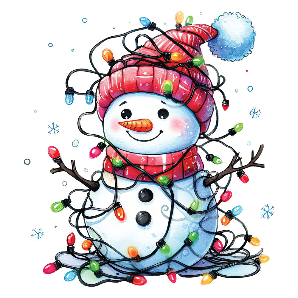 Snowman Lights DTF transfer design featuring a cute cartoon snowman with red pom-pom hat and scarf wrapped in colorful Christmas string lights with snowflake accents