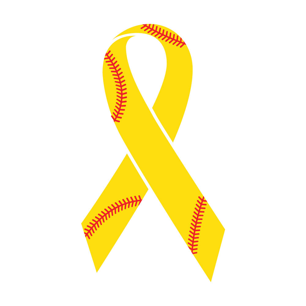 Softball Ribbon DTF transfer design featuring a yellow awareness ribbon stylized with red softball stitching