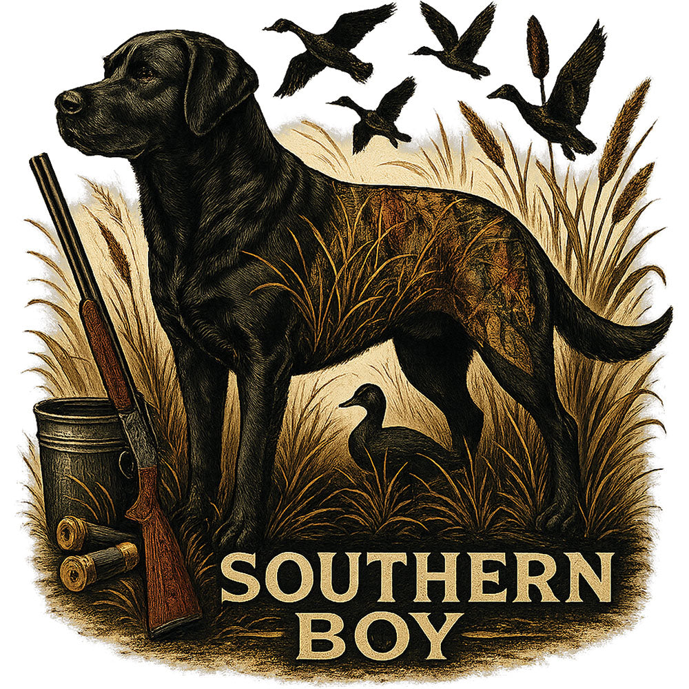 Southern Boy Hunting Dog DTF transfer design featuring a black Labrador retriever in tall marsh grass beside a duck decoy with flying ducks overhead and Southern Boy text