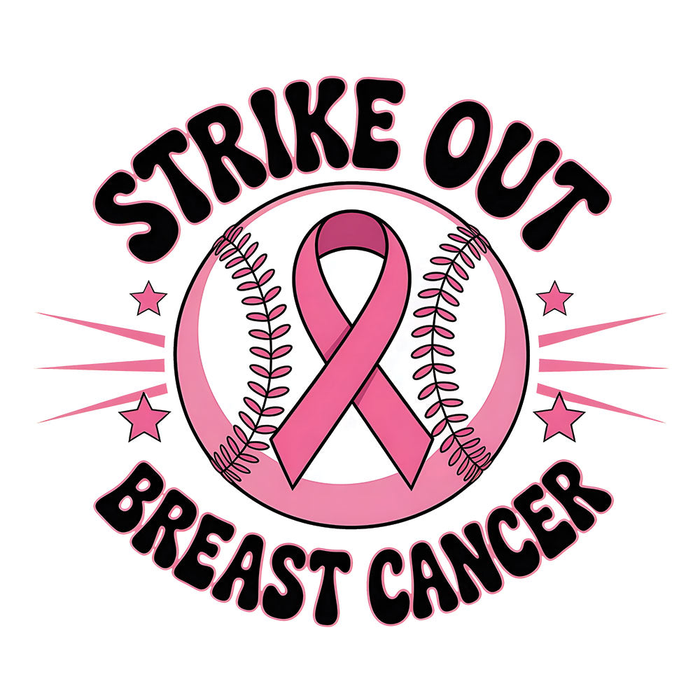 Strike Out Baseball Breast Cancer DTF transfer design featuring a pink-toned baseball with a pink awareness ribbon surrounded by black Strike Out Breast Cancer typography and pink star accents