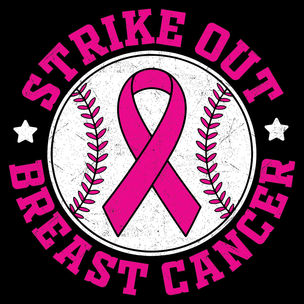 Strike Out Breast Cancer Baseball DTF transfer design featuring a circular badge with a baseball wrapped in a pink awareness ribbon surrounded by Strike Out Breast Cancer pink typography and stars