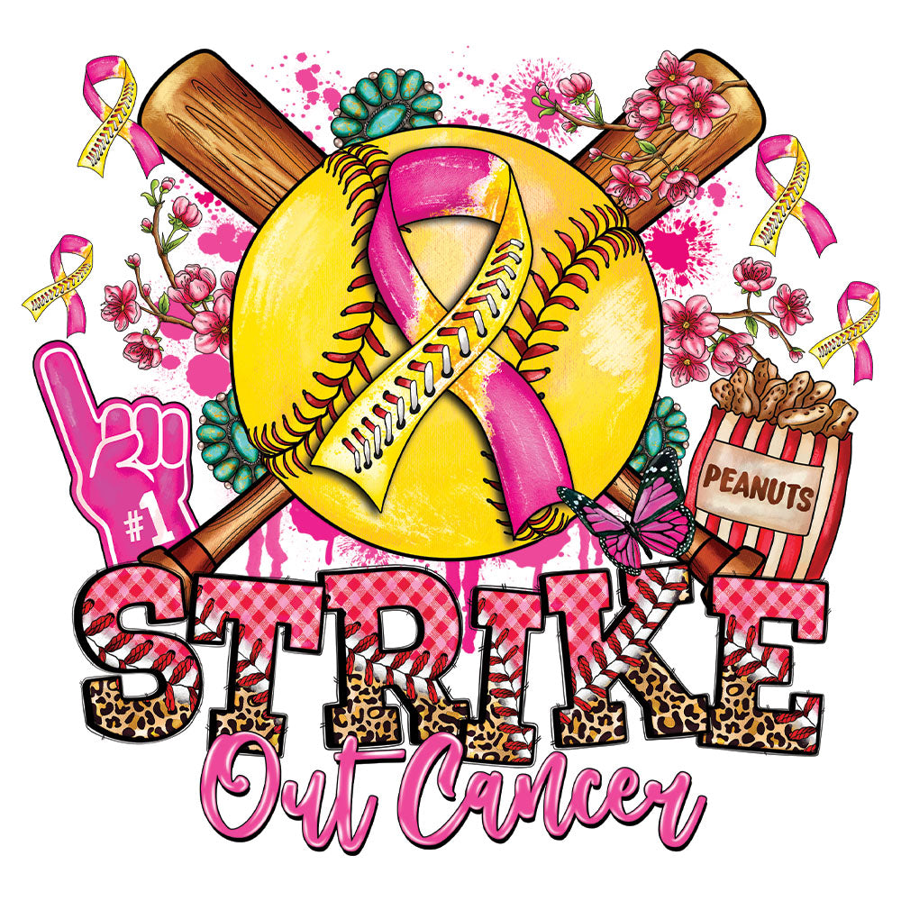 Strike Out Cancer Softball Vibrant DTF transfer design featuring a yellow softball with pink awareness ribbon, baseball bats, cherry blossoms, popcorn and STRIKE Out Cancer typography in leopard and plaid patterns