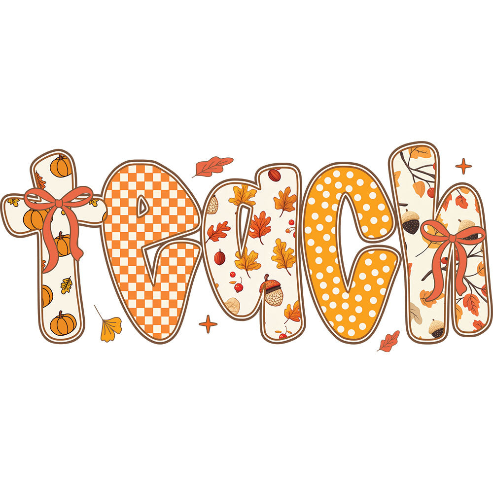 Teach Fall Design DTF transfer design featuring teach script-style letters filled with checkered, pumpkin, polka-dot and fall-leaf patterns with small ribbon bows