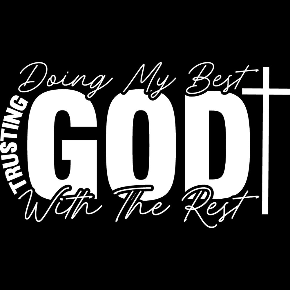 Trusting God With The Rest DTF transfer design featuring distressed GOD with a cross inside an arch frame paired with Trusting God With The Rest text