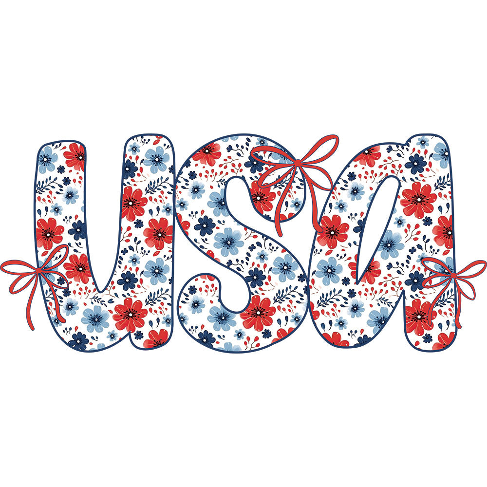 USA Coquette Floral DTF transfer design featuring USA letters in red white and blue with floral and star accents and a small ribbon bow