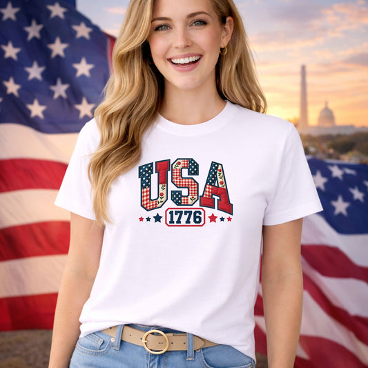 USA Patriotic Patterns DTF transfer design mockup on a t-shirt featuring USA 1776 in checkered, plaid and flag-patterned letters