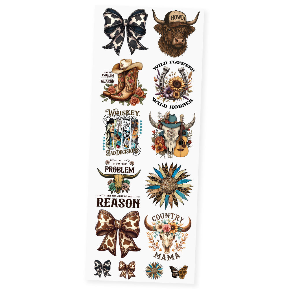 Western Cowgirl Vibes premade DTF transfer gangsheet featuring 11 western and cowgirl designs including Black Cowhide Bow, Howdy Highland Cow, If I'm The Problem cowboy boots, Wildflowers Wild Horses horseshoe, Whiskey Cowboys and Bad Decisions, Western Boho Skull with guitar, Western Sunflower with feathers, Brown Cowhide Bow, Country Mama bull skull and Western Sunflower Butterfly