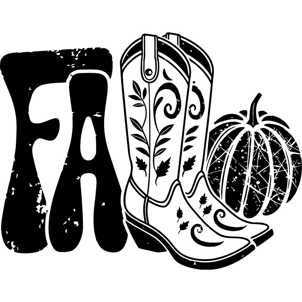 Western Fall Black Boots DTF transfer design featuring black FA letters paired with a decorated western cowboy boot and a distressed pumpkin