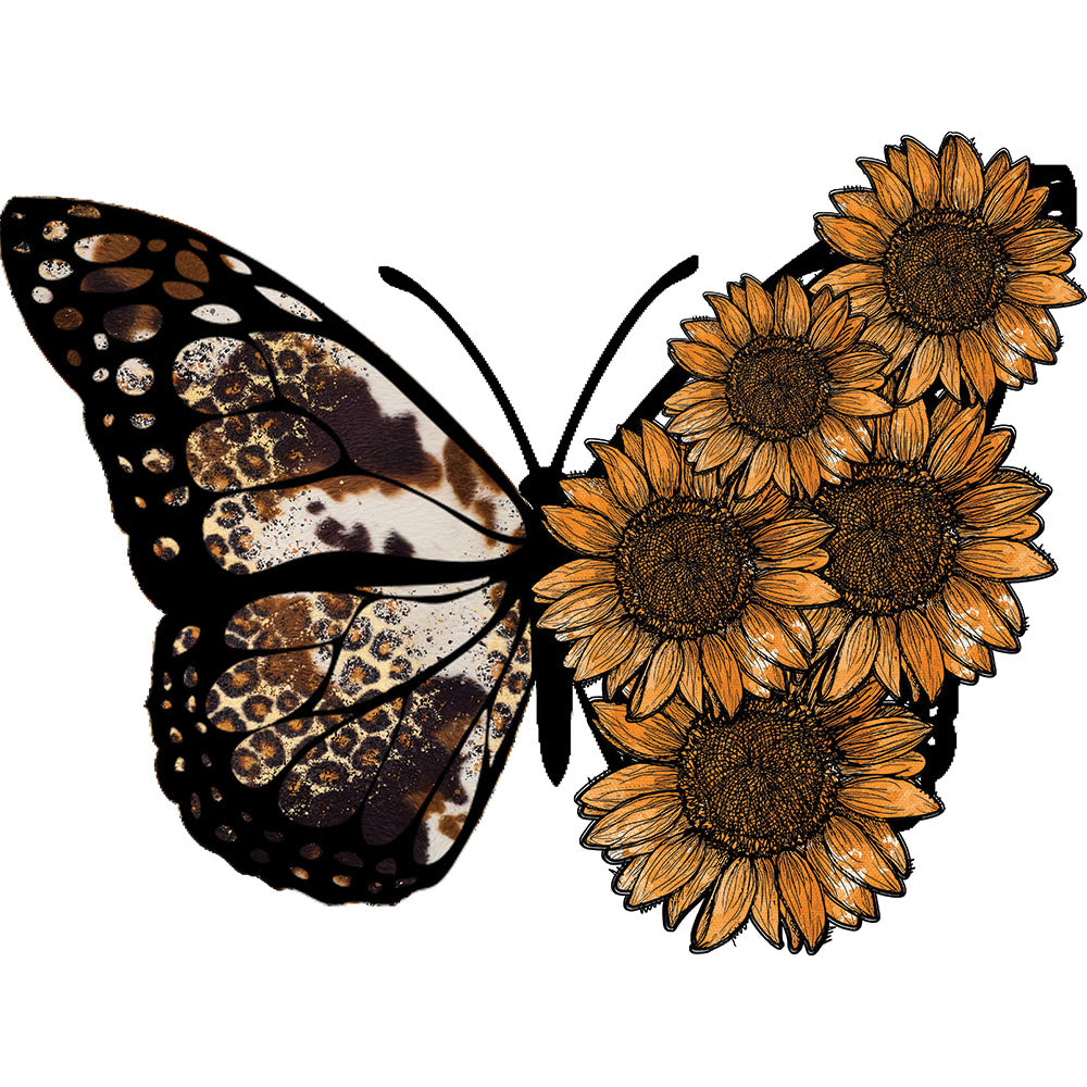 Western Sunflower Butterfly DTF transfer design featuring a butterfly with sunflower and leopard print wings in earthy western leopard and turquoise tones