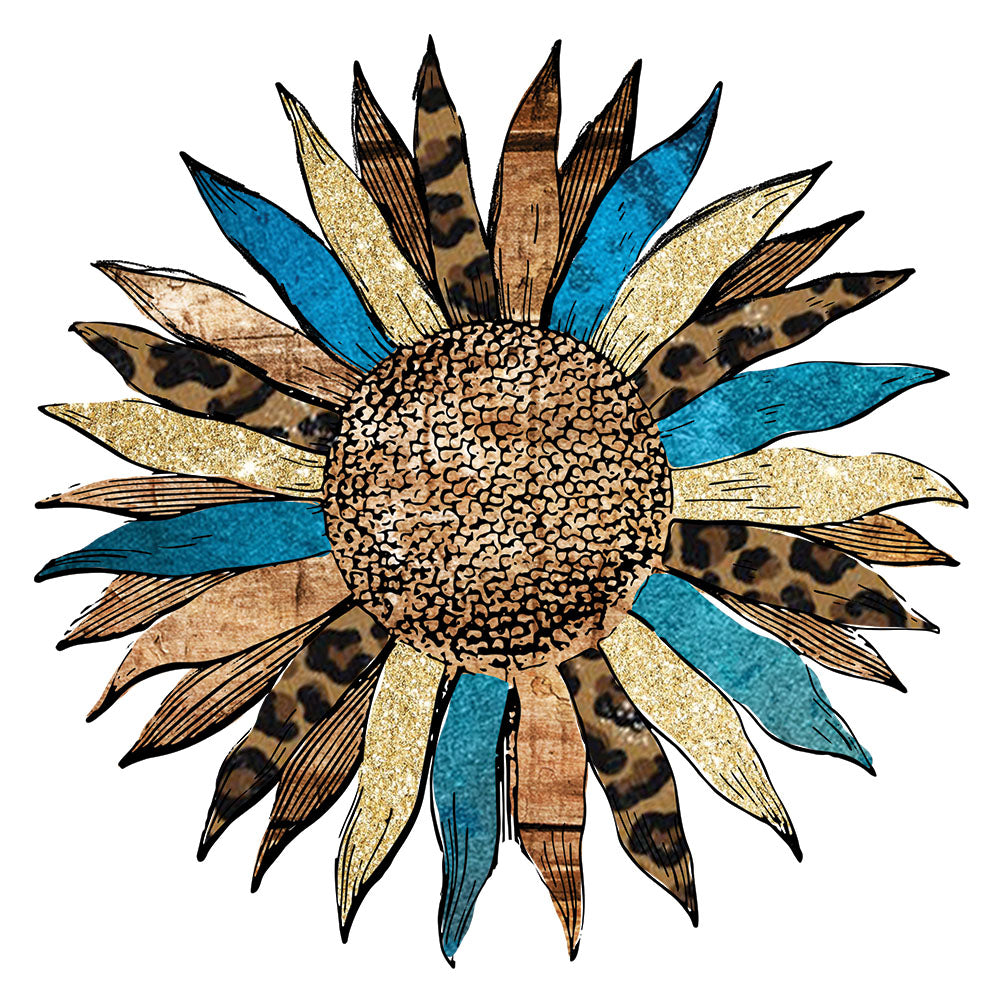Western Sunflower DTF transfer design featuring a stylized sunflower with leopard print petals interlaced with turquoise blue feather accents