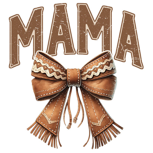 Western Mama Bow DTF transfer design featuring MAMA in bold brown lettering above a large western fringe bow with leopard print accents
