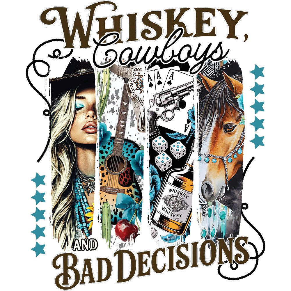 Whiskey Cowboys DTF transfer design featuring a Whiskey Cowboys and Bad Decisions collage with a long-haired cowgirl, ammunition and a horse in vintage western style