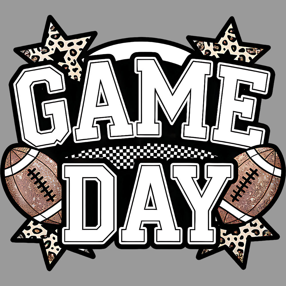 White Game Day Football Stars DTF transfer design featuring bold white GAME DAY typography with leopard-print stars and two footballs on a gray background