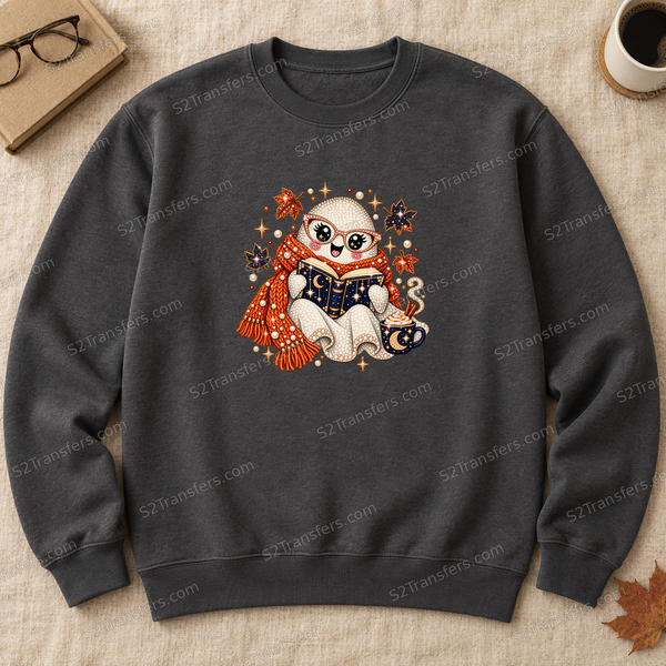 Cozy Reader Ghost DTF transfer on a cozy reading crewneck flatlay; garment not included