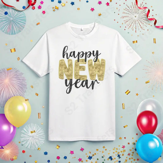 Faux Embroidery and Faux Sequin Happy New Year - DTF Transfer DTF Transfer