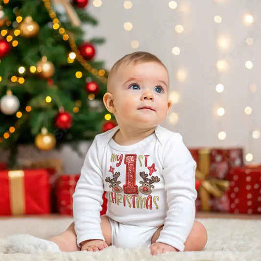 Faux Embroidery Baby Boy - First Christmas - Reindeer Faux Sequins Glitter - DTF Transfer DTF Transfer