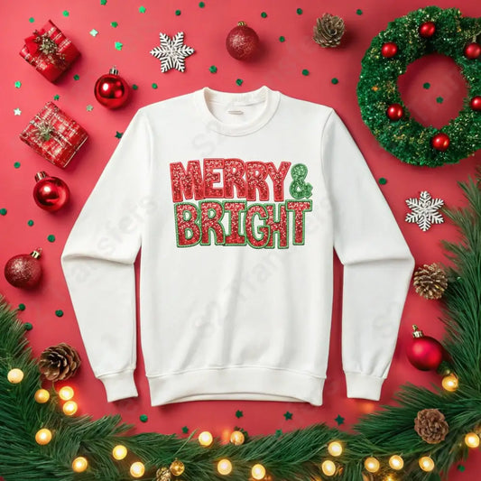 Faux Embroidery Merry and Bright Faux Sequin - DTF Transfer DTF Transfer