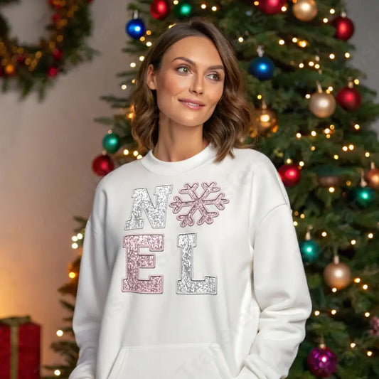 Faux Embroidery Noel Christmas - Silver Pink - Faux Sequins Glitter - DTF Transfer DTF Transfer