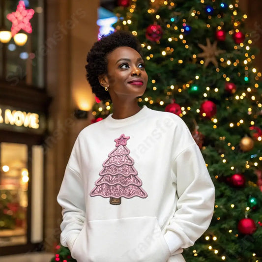 Faux Embroidery Pink - Christmas Tree - Faux Sequins Glitter - DTF Transfer DTF Transfer