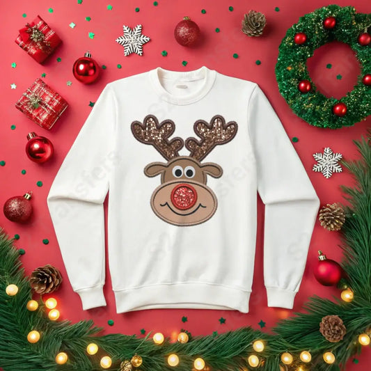 Faux Embroidery Reindeer - Christmas - Faux Sequins Glitter - DTF Transfer DTF Transfer