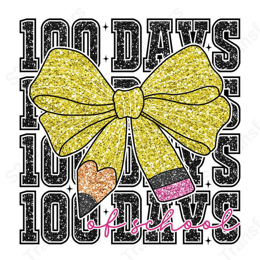 Faux Glitter 100 Days Of School Pencil Bow - DTF Transfer DTF Transfer