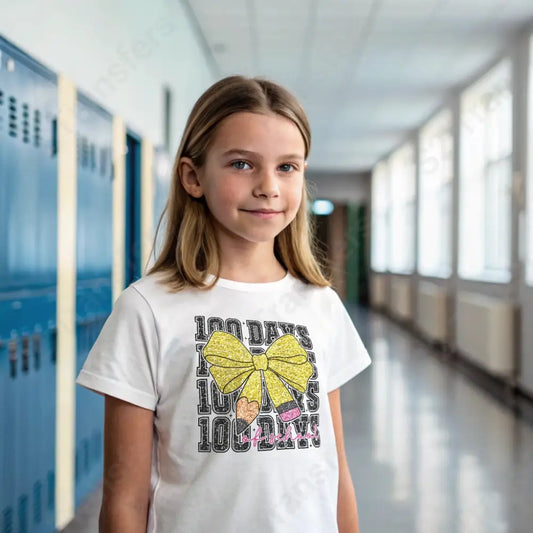 Faux Glitter 100 Days Of School Pencil Bow - DTF Transfer DTF Transfer