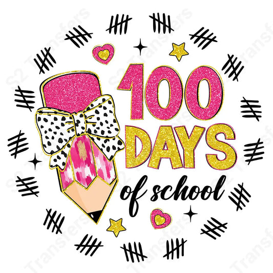 Faux Glitter 100 Days Of School Pink Pencil - DTF Transfer DTF Transfer