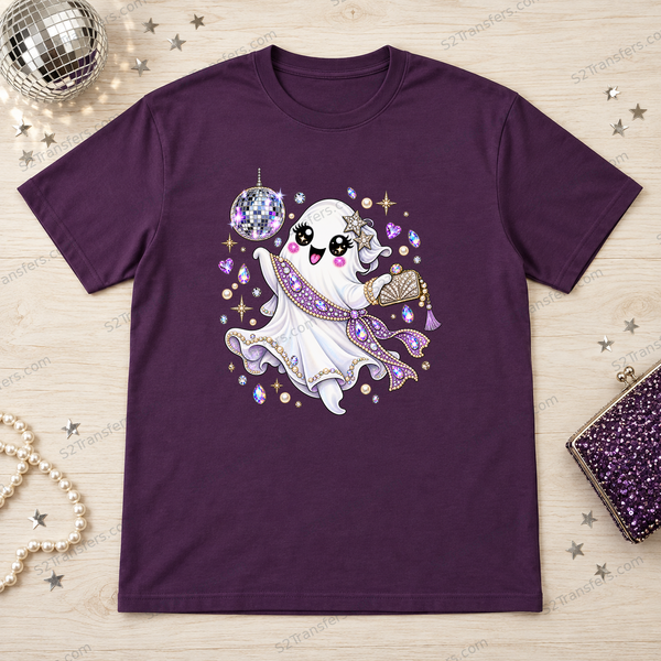 Jeweled Disco Party Ghost DTF transfer flatlay mockup; garment not included