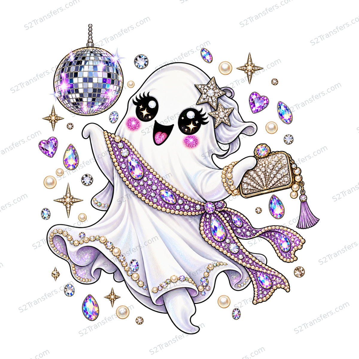 Jeweled Disco Party Ghost DTF transfer white-background watermarked artwork preview