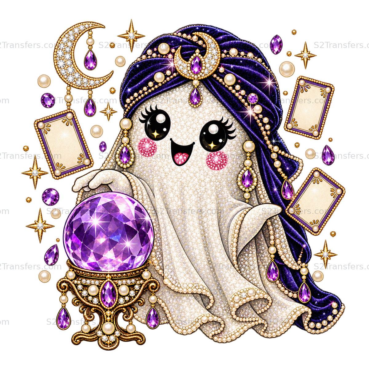 Jeweled fortune teller ghost with purple crystal ball, moon, cards, and printed pearl details on white. Repeating S2Transfers.com watermarked preview.