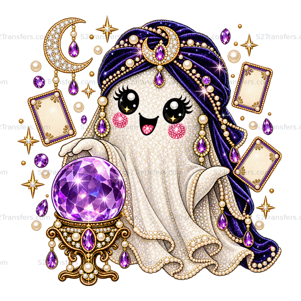Jeweled fortune teller ghost with purple crystal ball, moon, cards, and printed pearl details on white. Repeating S2Transfers.com watermarked preview.