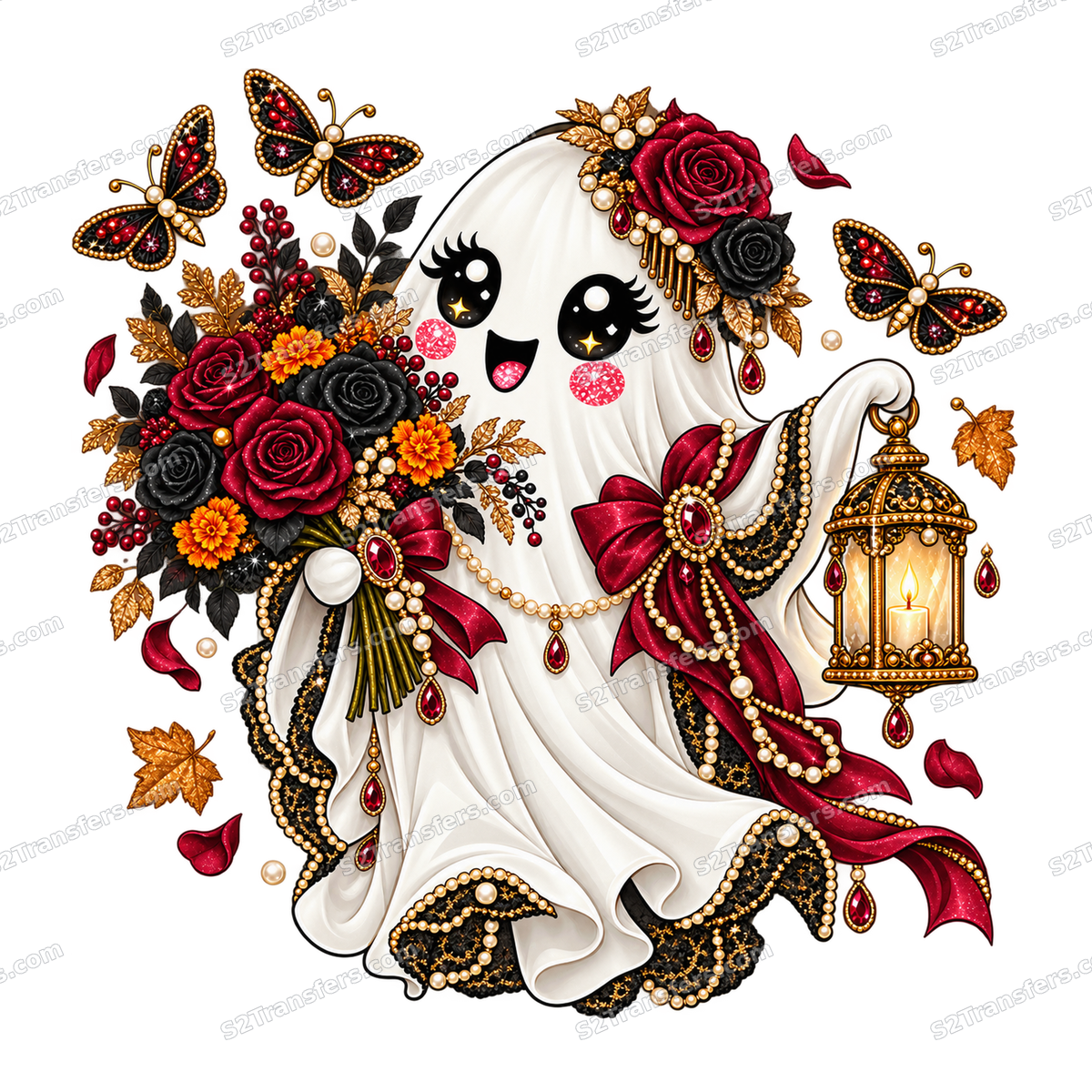 Jeweled Moonlit Florist Ghost DTF transfer artwork shown on white with S2Transfers.com watermarks