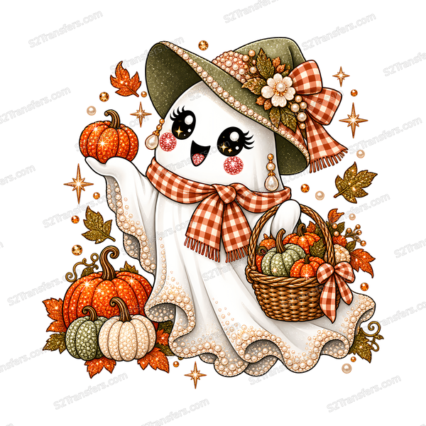 Jeweled Pumpkin Patch Ghost DTF transfer on white; watermarked preview