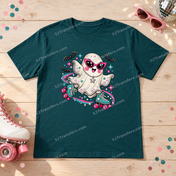 Jeweled Roller Glam Ghost printed-transfer placement mockup on a teal adult T-shirt; watermarked mockup, garment not included